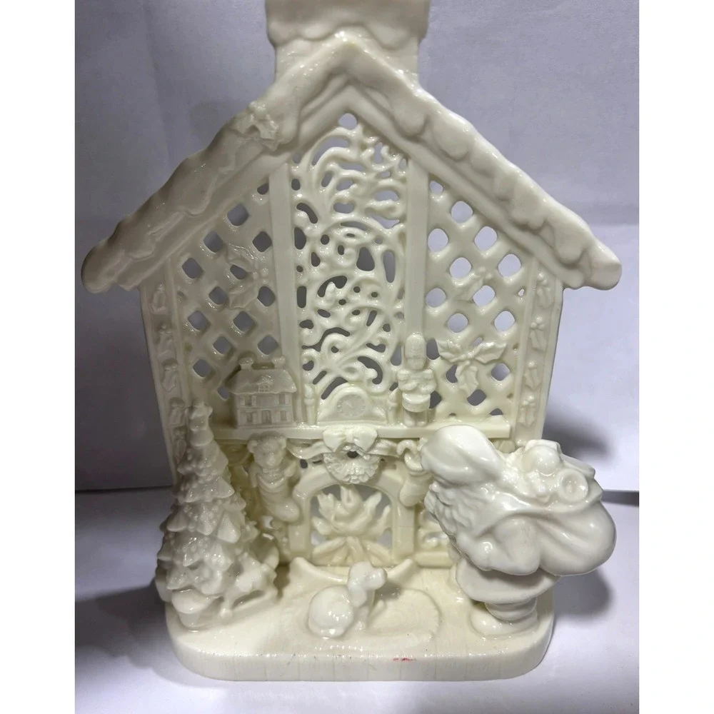 Vintage Ceramic Christmas Village House Tealight Candle Holder Santa Fireplace